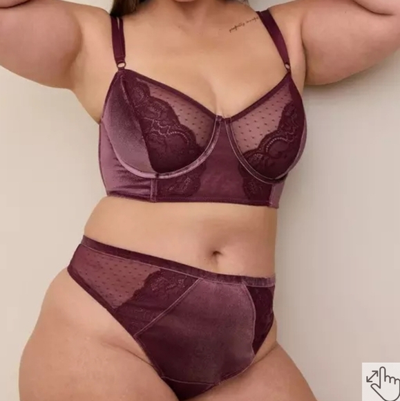 Torrid Velour And Lace Underwire Bra & Thong Panty Set 2X Mauve Wine - Picture 1 of 11